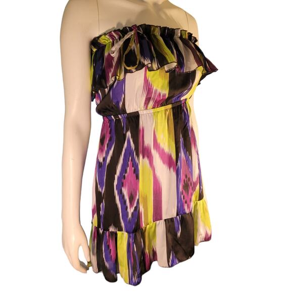 2B Bebe Graphic Neon Ruffle Strapless Mini Dress XS Y2K Bright Party Cute Fun - Picture 9 of 10